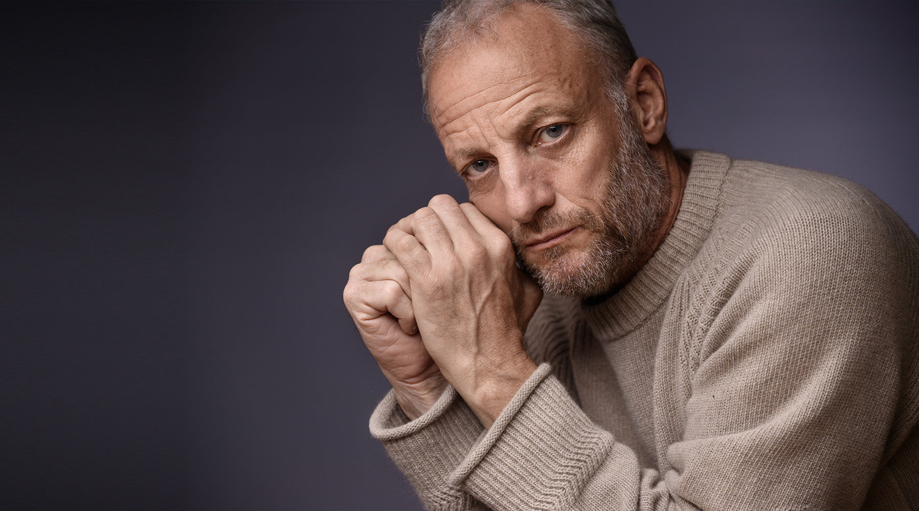 Martin Hartley wears the Caird Cashmere Sweater from Shackleton, photographer by Robin Edwards